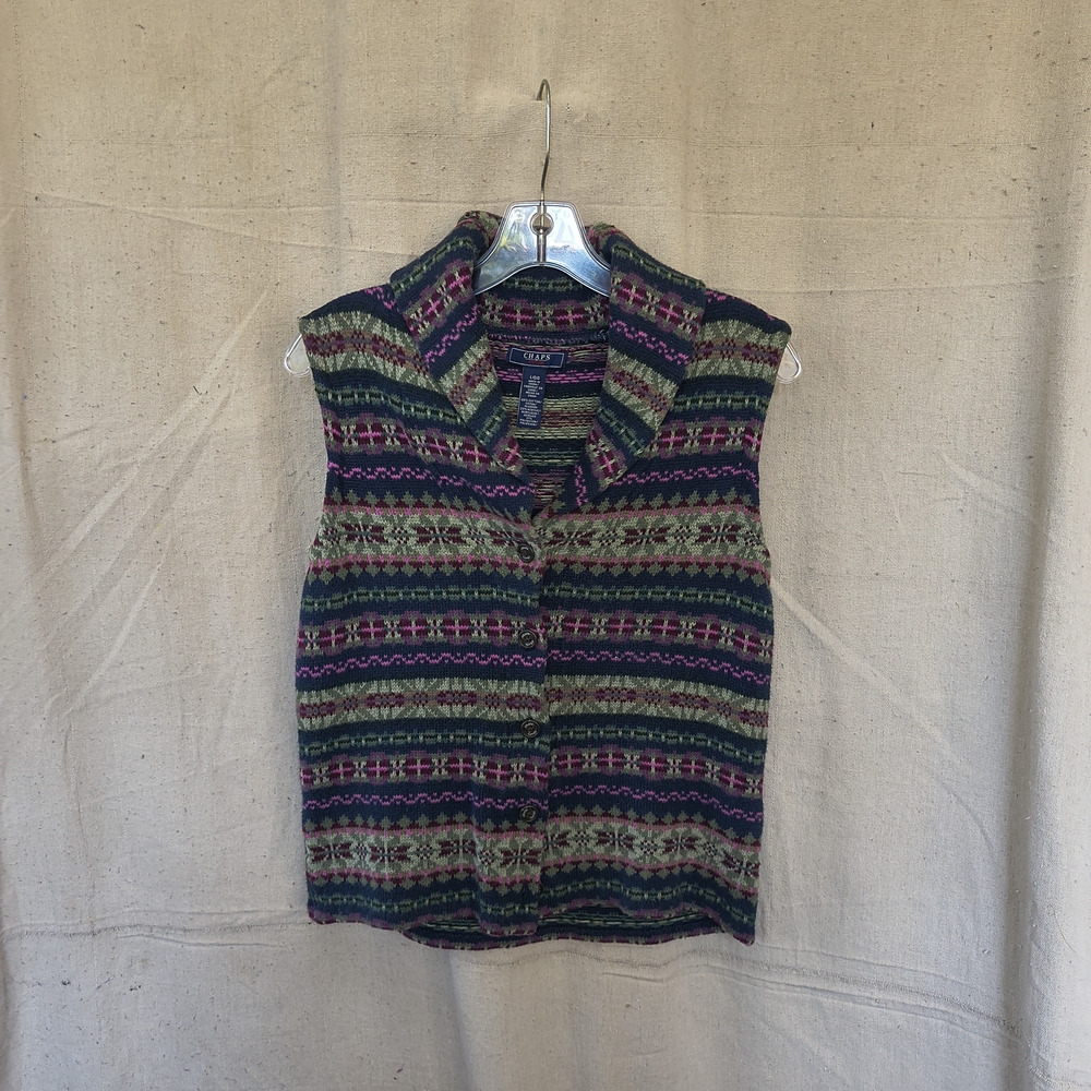 Chaps Women's size Large Button Up patterned Sweater Vest With Shawl Collar